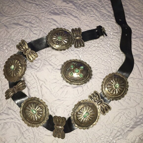 Vintage 1960s Navajo Sterling Stamped Domed Handmade 11 Pc Concho Belt Turquoise - Picture 2 of 12